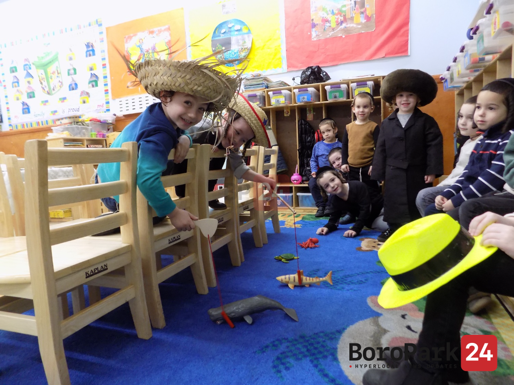 Children at the Minkatcher Cheider in Boro Park, playing the story of Yoseph Mokir Shabbos